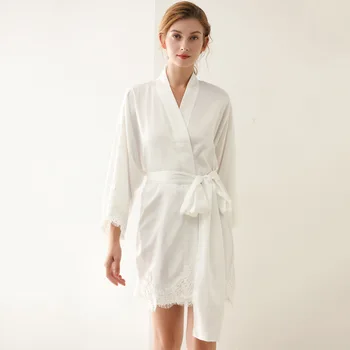 

Nightwear Satin Kimono Gown Sexy Lace Nightgown Women Bathrobe Sleepwear Intimate Lingerie White Bride Wedding Robe Homewear