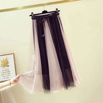 

2020 Summer New Mid-length Fairy Gauze Skirt Woman Korean-style Bow Lace-up Retro Contrast Color Skirt Student Skirts