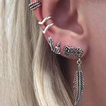 Винтажные серьги, набор в стиле панк, перо, Будда, Сова, листья, серьги для женщин, богемная v-образная Серьга на застёжке-клипсе, 6 шт./компл. Z5D280