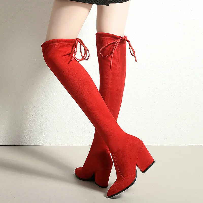 

Pointed Toe Square Heel Stretch Boots Women Sexy Thigh High Boots Ladies Red Black Party Shoes Woman Winter Over the Knee Boots