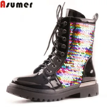 

ASUMER 2020 new ankle boots zip women genuine leather boots bling med heels cross tied ladies prom autumn winter boots