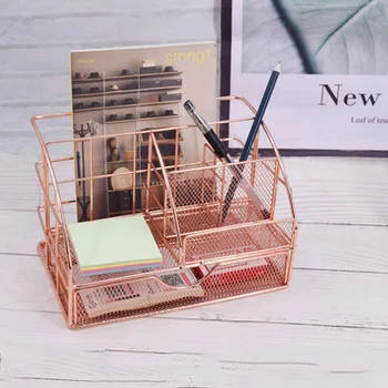 

Metal Wrought Iron Pen Holder Rose Gold Storage Basket Document Trays Book Pen Finishing Baskets Desktop Sundries Storaged Rack