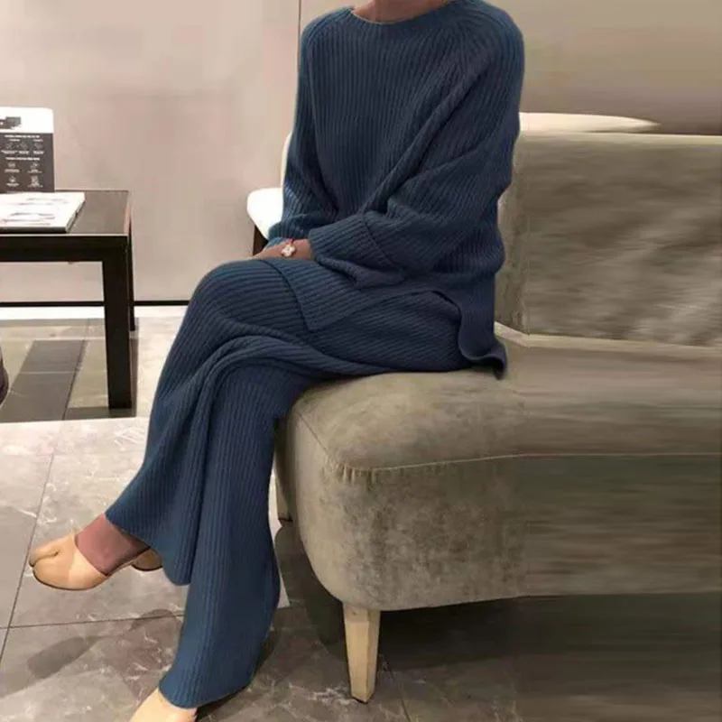 Women Knitted Tracksuit Autumn Winter O-neck Sweater 2 Piece Set Fashion Solid Ladies Pullover Tops Wide Leg Pants Home Suit |