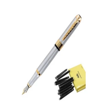 

Jinhao 250 Stainless Steel Gold Trim Fountain Pen & 10PC Black Ink Refills Set IMM