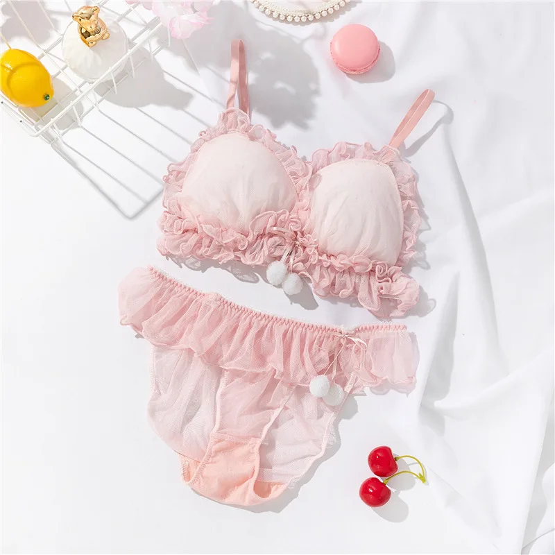 bra and panty French Style Woman Underwear Sexy Lingerie Set Sweet Lolita Cute Fairy Lace Up Hairball Bra Briefs Set Lace Mesh Ruffles Panties plus size bra and panty sets