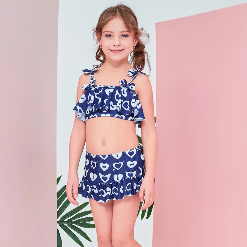 

2019 New Baby Girl's Swimsuit Kid Bikini Set Swimwear Children Pretty Heart Print Flounce Top Dress Swimsuit forGirl Beachwear