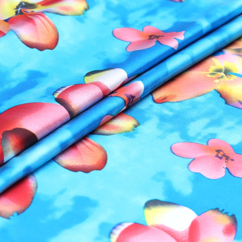 118 см шириной 19 мм 93% шелк и 7% спандекс желтый цветочный принт стрейч синий шелк атласная ткань для платья Cheongsam рубашка куртка B233