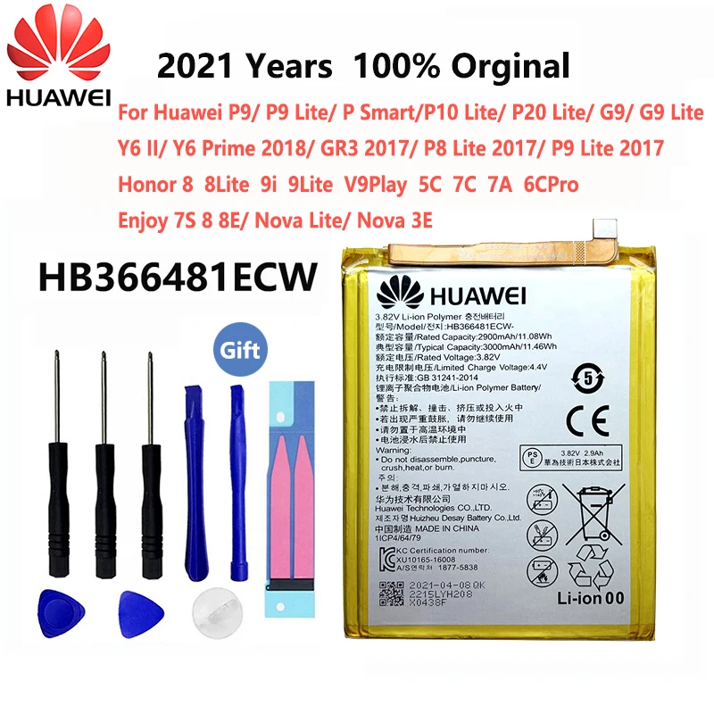 100% Оригинальный аккумулятор для телефона 3000 мАч HB366481ECW Huawei Ascend P9 G9 Honor 8 9i 9 5C 7C 7A Y6 II