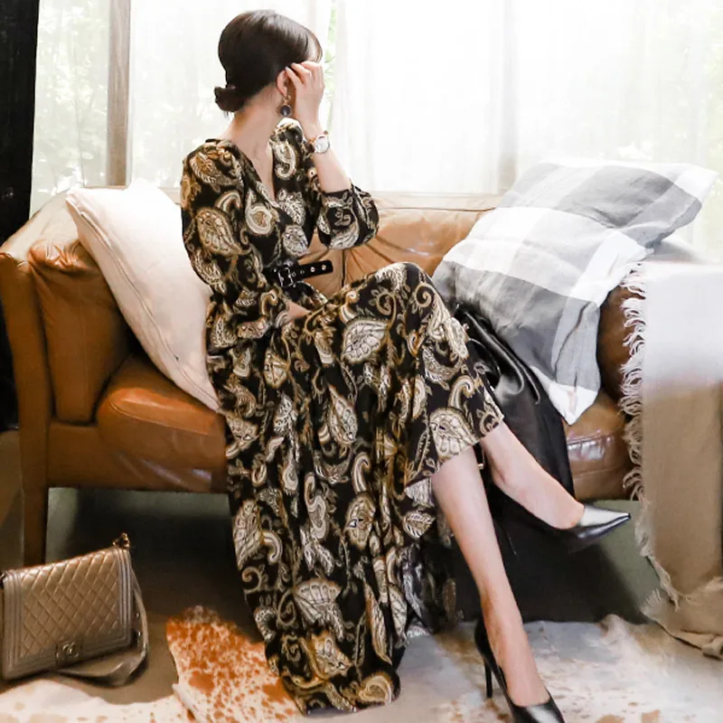 

Fashion Women Elegant Vintage Print Dress with belt Autumn Spring V-neck Dresses Big Swing Vestidos