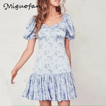 

Pleated dresses women ruffles vintage puff short sleeve sexy v neck floral print summer mini dress summer female vestidos 2020