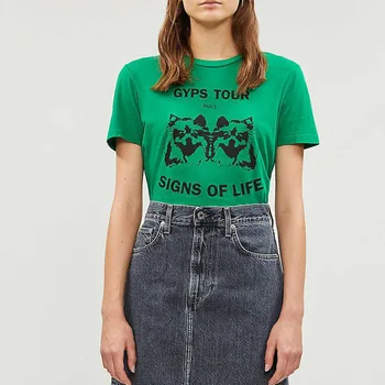 

2020 Spring Summer Two Cute Dog Pets Printed Letter Green Short Sleeve T-Shirt Top Casual Women's