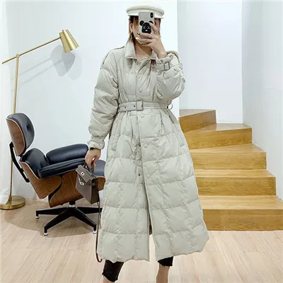Beige white Зимний женский пуховик, плотное теплое длинное пальто с белым утиным пухом, модный однобортный ремень, повседневные парки, Свободное пальто - Цвет: Beige white