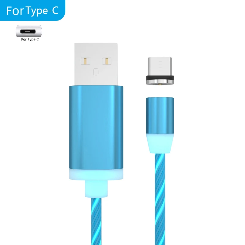 Светодиодный светящийся струящийся Магнитный зарядный кабель светящееся освещение Быстрая зарядка Micro usb type C для iPhone Android Phone USBC провод шнур - Цвет: Blue for Type C