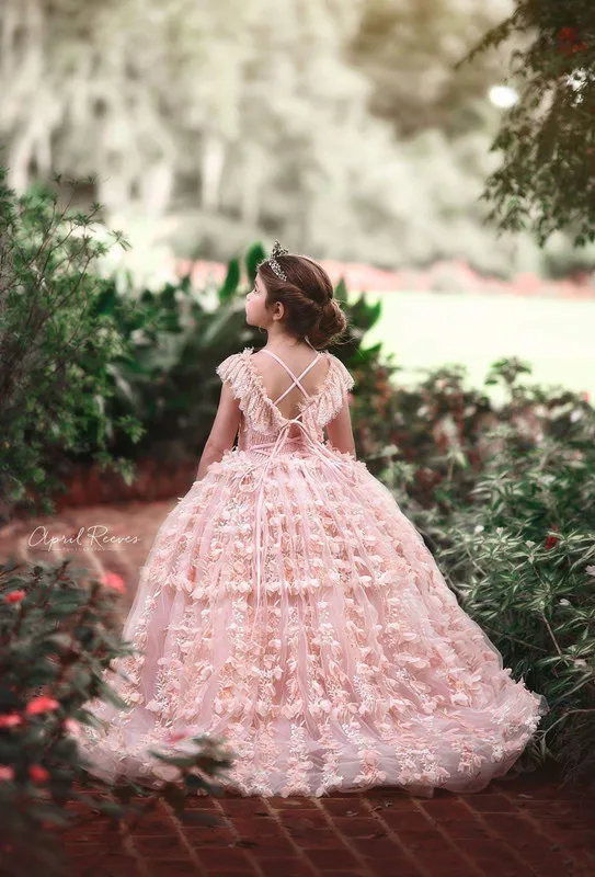 Розовое Бальное Платье года, Платья с цветочным узором для девочек на свадьбу, роскошные кружевные пышные платья с рукавами-крылышками для малышей, фатиновое детское платье для выпускного вечера