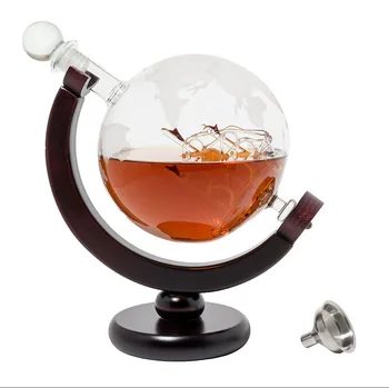 

850ML Whiskey Decanter Antique Ship Whiskey Dispenser For Liquor Scotch Bourbon Vodka Globe Decanter With Finished Wood Stand