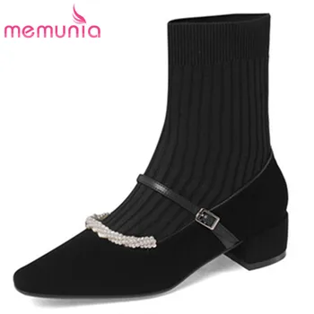 

MEMUNIA 2021 Hot Sale Stretch Sock Boots Women Suede Leather Knitting Pearl Buckle Square Heel Party Shoes Women Ankle Boots