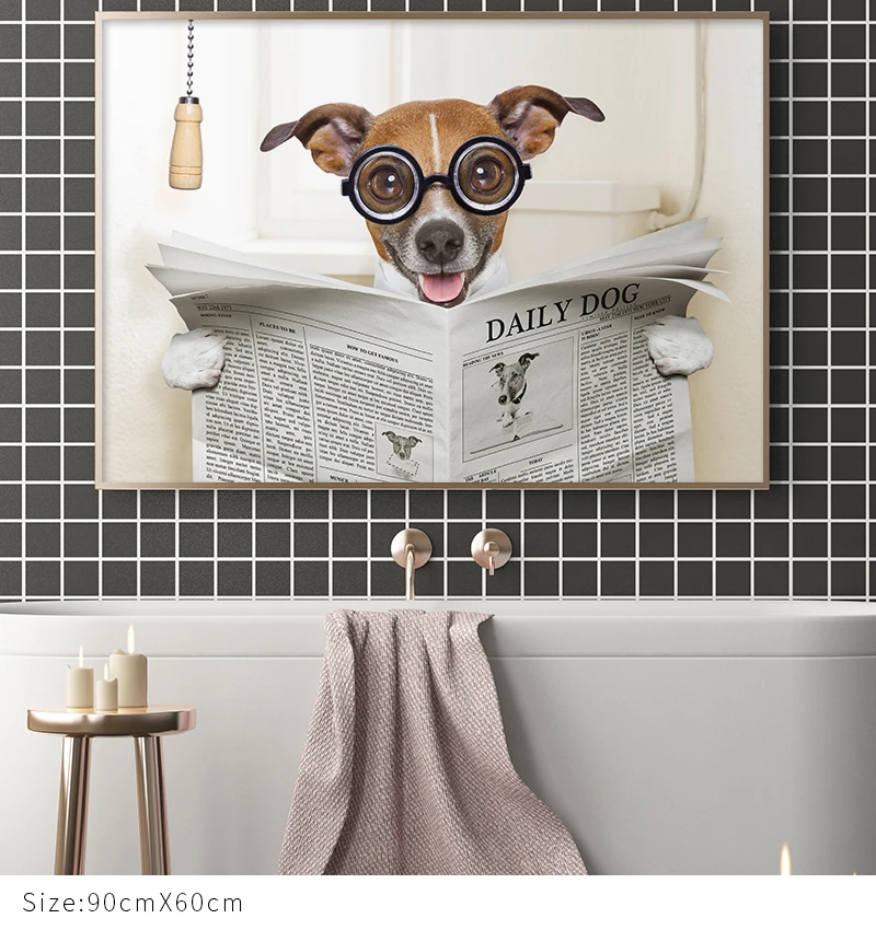x4 Frameless 20x40cm Modern Poster Dog Reading Wall Art Pictures Print on Canvas Animal Newspaper Funny Dog Toilet Art Poster for Living Room Home Decor