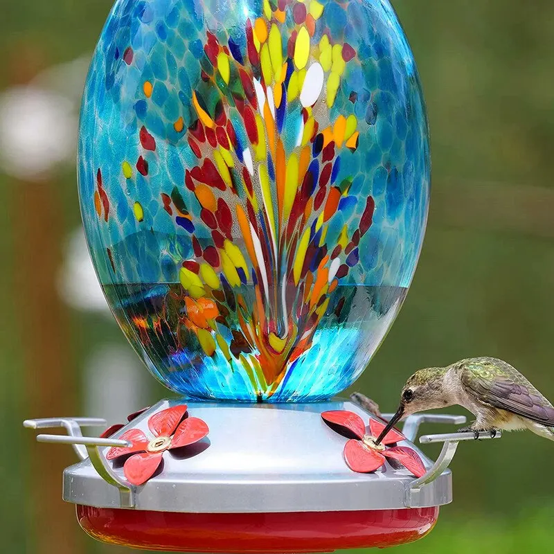 Colorful Hummingbird Food Feeder Hand Blown Glass Feeder Drinker Water Feeding Bowl for Yard Outdoor parrot accessories Colorfu