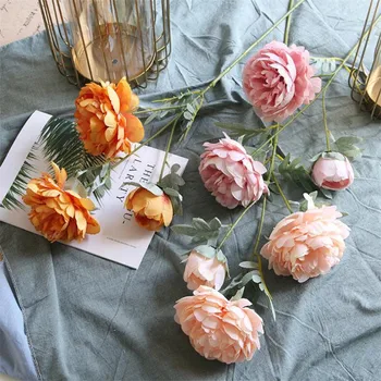 

7Pcs Fake Long Stem Peony (3 stems/bunch) 33.07" Length Simulation Oil Peonia for Wedding Home Decorative Artificial Flowers