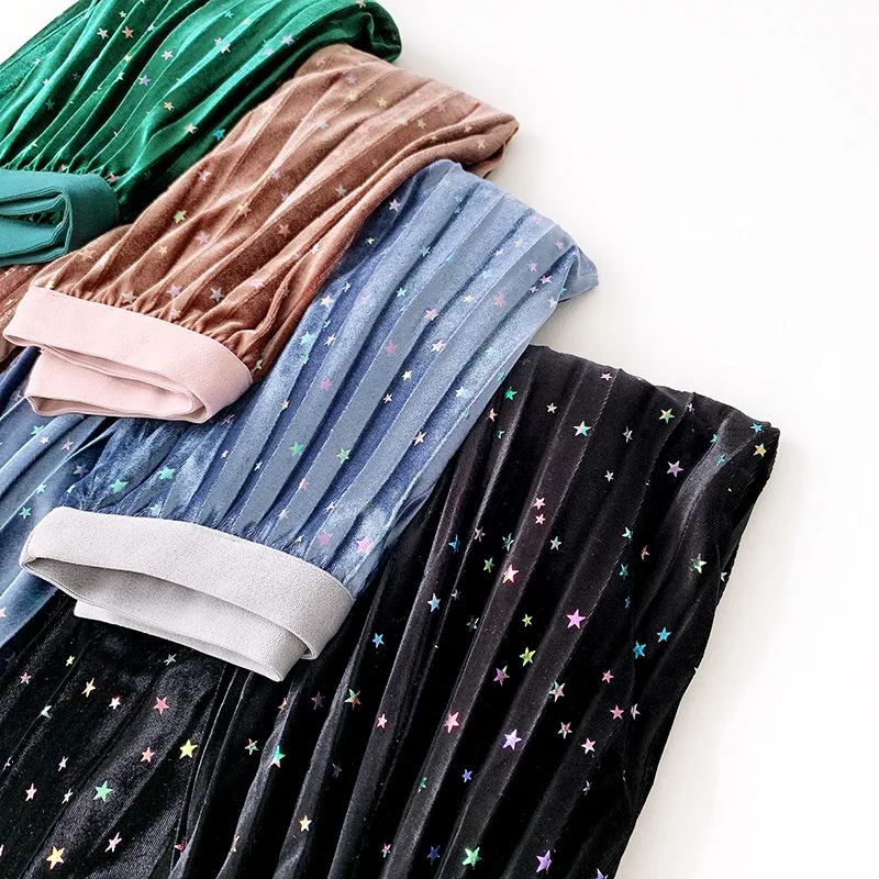 DANJEANER/разноцветная бархатная плиссированная юбка со звездами; сезон осень-зима; сетчатая юбка с высокой талией; Юбки-миди в Корейском стиле; пышная юбка феи