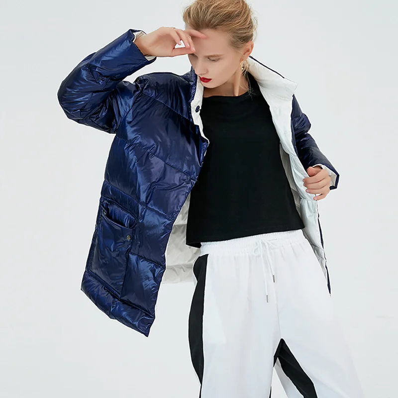Winter new style down jacket 90 white duck down female European style thick warm coat short style bright surface jackets