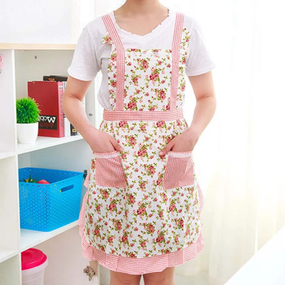

Cooking Bib Flower Style Pocket Lace Cotton Apron Dress Women Lady Restaurant Home Kitchen Waterproof Anti-oil Flower Pattern