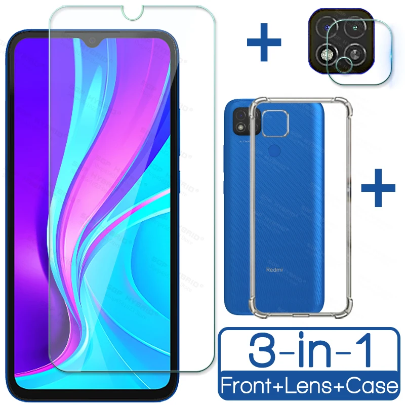 3in1 Shockproof Soft Silicone Case For Xiaomi Redmi 9c NFC Tempered Glass for Red mi 9cnfc Redmi9c Camera Protection Film Shield 