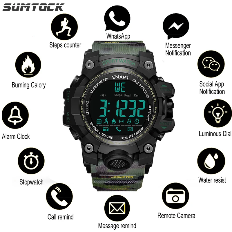 

SUMTOCK Shock Military Smart Watch Men Shockproof Waterproof Watch Information Calorie Heart Rate Bluetooth Multifunction Watch