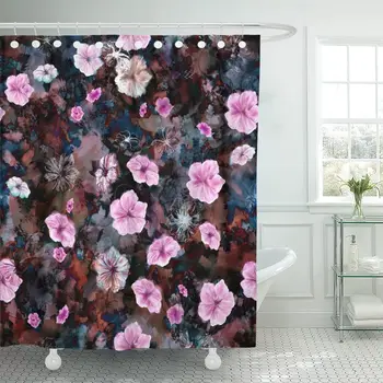 

Floral Five Petal Summer Flowers Like Rosy Periwinkle Petunia with Mixed Media Pink Brown Cyan Contour Shower Curtain Waterproof