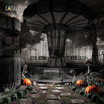 

Laeacco Deserted Playground Carousel Spider Web Pumpkin Skull Pathway Halloween Photography Backdrops Photographic Backgrounds