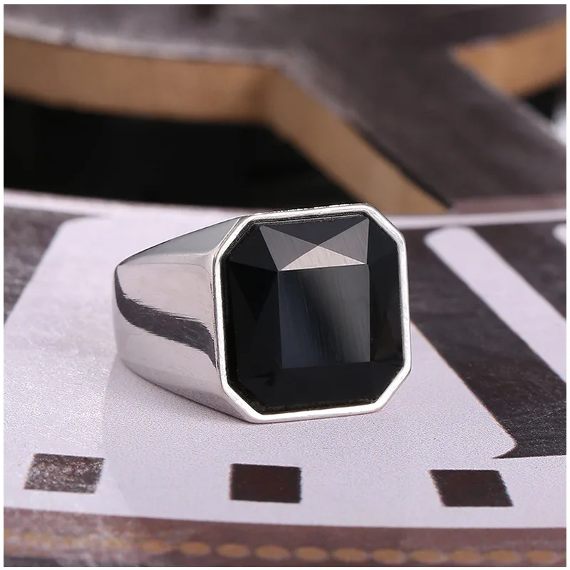 Большой черный оникс Камень кольцо для мужчин драгоценный камень серебряные цвета Титан Нержавеющая сталь панк крутые украшения, аксессуары в подарок