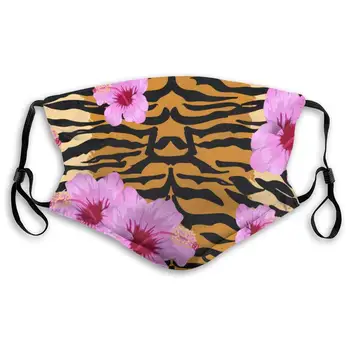 

Hibiscus Flowers and Skin of The Tiger Pattern Unisex Anti-Pollution Mask Dust Mask with Filter Mask Black