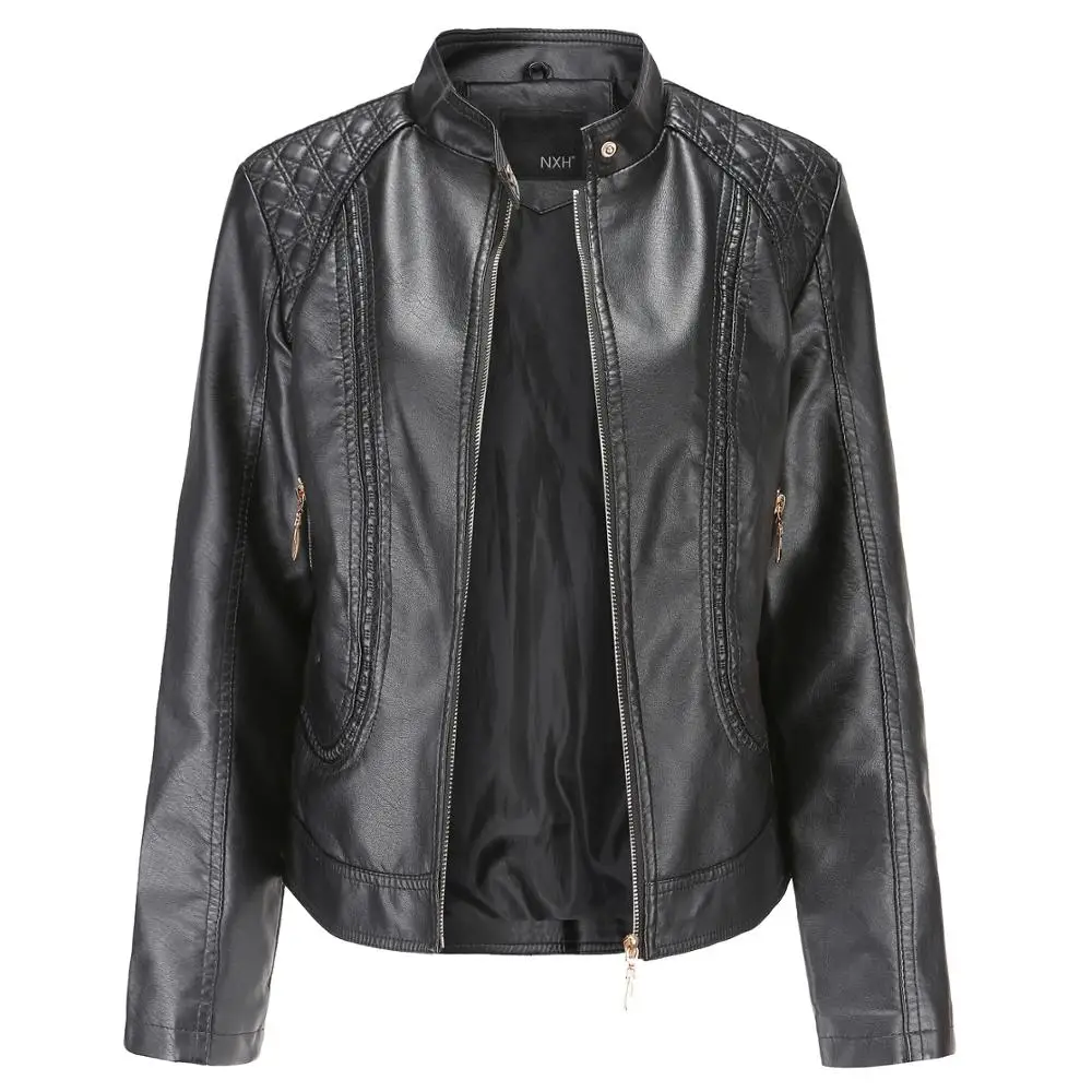 

Spring and Autumn Women's Leather Clothing Temperament Large Size Stand Collar PU Jacket Faux Fur Jacket