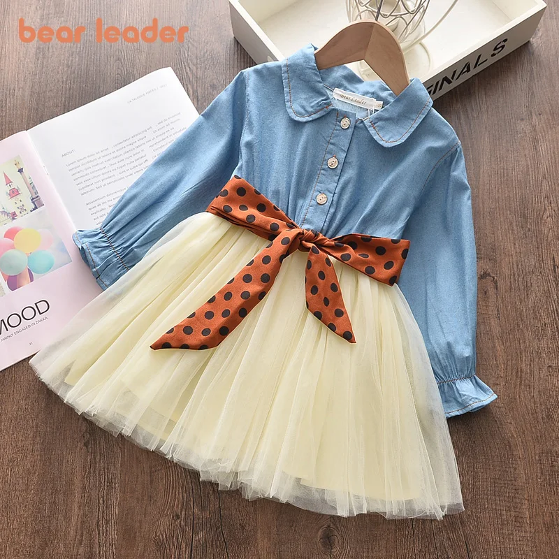 Bear Leader Girls Party Dresses 2022 New Autumn Princess Dress Sashes Denim Mesh Outfits Sweet Kids Spring Clothes Suits | Детская