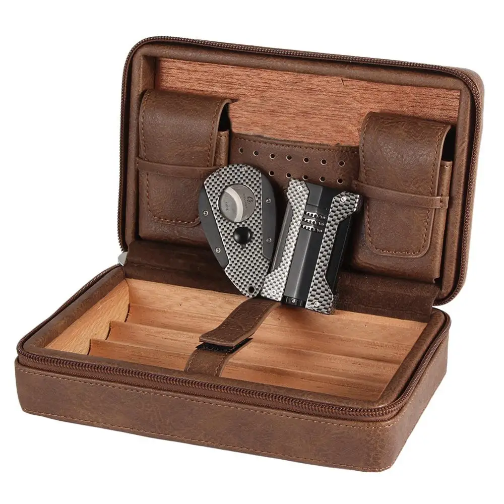 Чехол GALINER из кедрового дерева для путешествий, чехол для сигар, кожаный чехол для сигар, набор сигар W/сигарный резак, ветронепроницаемый 1 струйный фонарь, зажигалка, Бутан - Цвет: BROWN