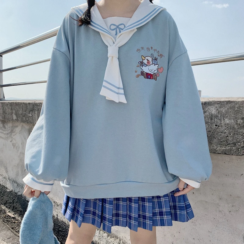 Nueva Sudadera con cuello de marinero estilo Harajuku jersey de Chica adolescente bordado suelto de manga larga sudaderas con capucha y lazo con capucha y sudaderas| - AliExpress