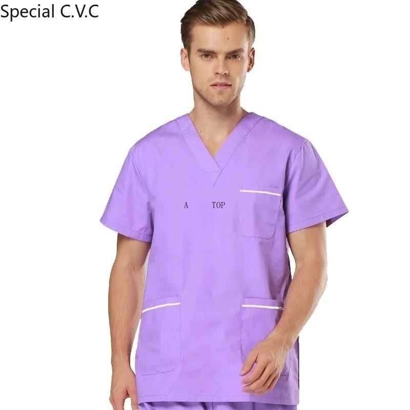 Men's Scrub TOP Color Blocking Design Short Sleeved V-collar Shirt Pure Cotton Medical Uniforms with Side Vent ( Just A Top)