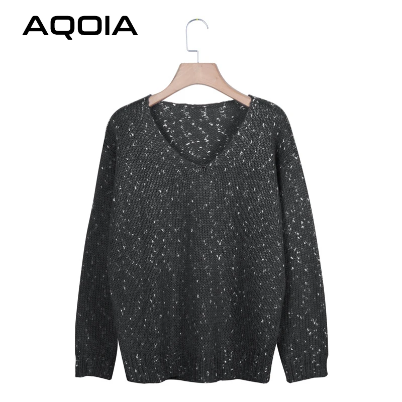 AQOIA, корейский стиль, люрекс, сексуальный женский свитер размера плюс, v-образный вырез, вязаный женский свитер, пуловер,, осенняя, зимняя одежда