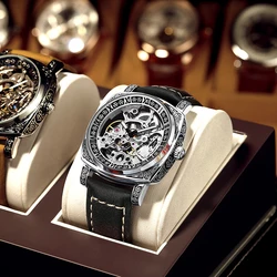 MOHDNE Reloj de pulsera multifuncional tallado para hombre, resistente al agua, de estilo británico, con espejo de cristal recubierto, reloj mecánico automático para