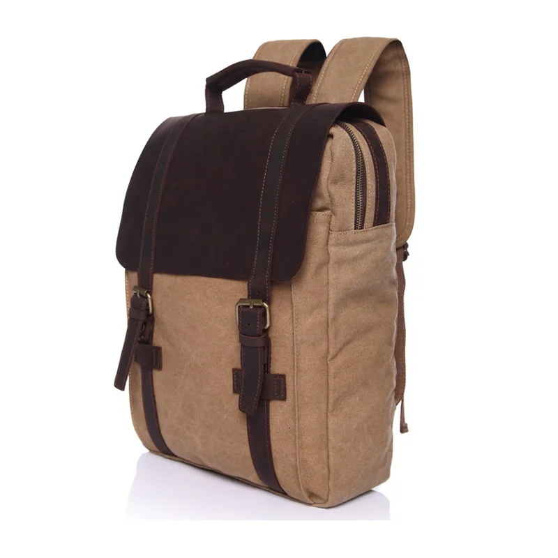 Khaki Leather New Fashion Backpack M062 Canvas Men Backpack School Bag Military Backpack Women Rucksack Male Knapsack Bagpack Mochila - Color: Khaki