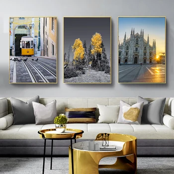 

Nordic Natural Landscape Canvas Poster Black Yellow Bus Church picture Wall Art Print Painting Wall Pictures for Living room