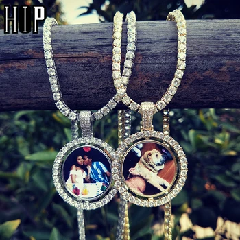 

Hip Hop Custom Made Photo Round Rotating Double-sided Iced Out Bling Cubic Zircon Necklace&Pendant For Men Jewelry Tennis Chain