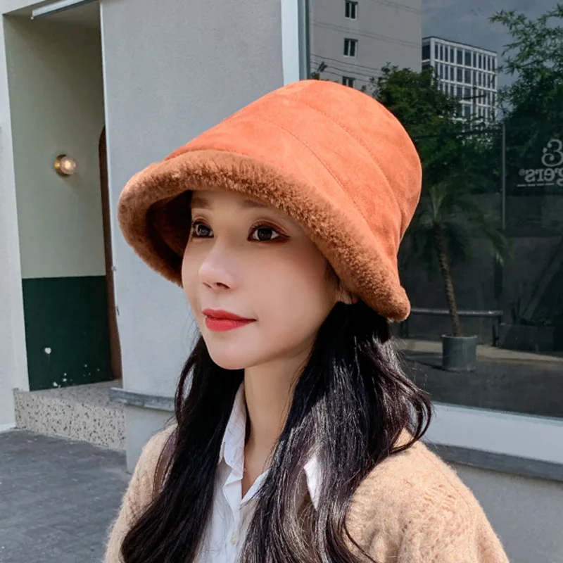 Fashion Winter Faux Fur Bucket Hats for Women Girl Solid Color Plush velvet Warm Panama Black White Fisherman bucket Hats Bob