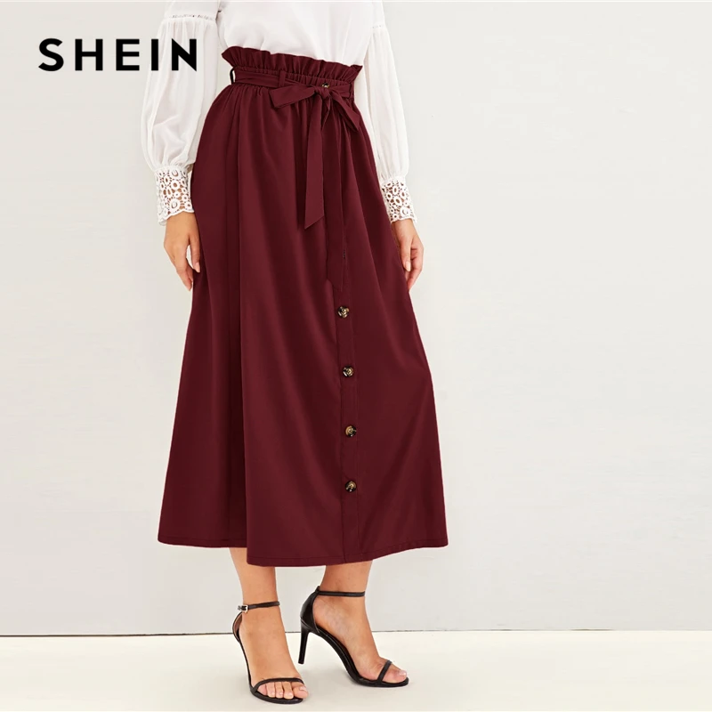 SHEIN Paperbag поясная пуговица спереди повседневная юбка с поясом женские брюки осень высокая талия Твердые Длинные юбки для женщин