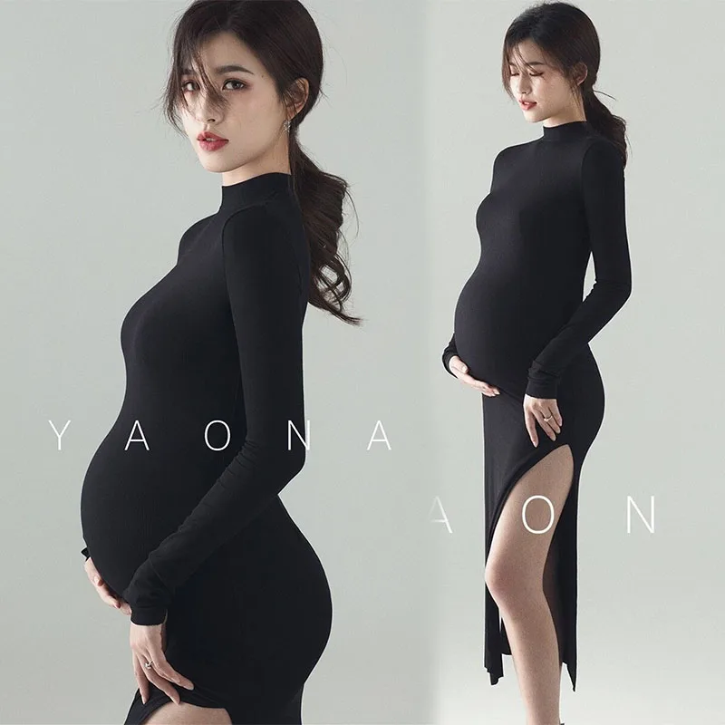 Dress Photography-Props Photoshoot Knit Maternity-Dresses Pregnancy Full-Sleeve Women