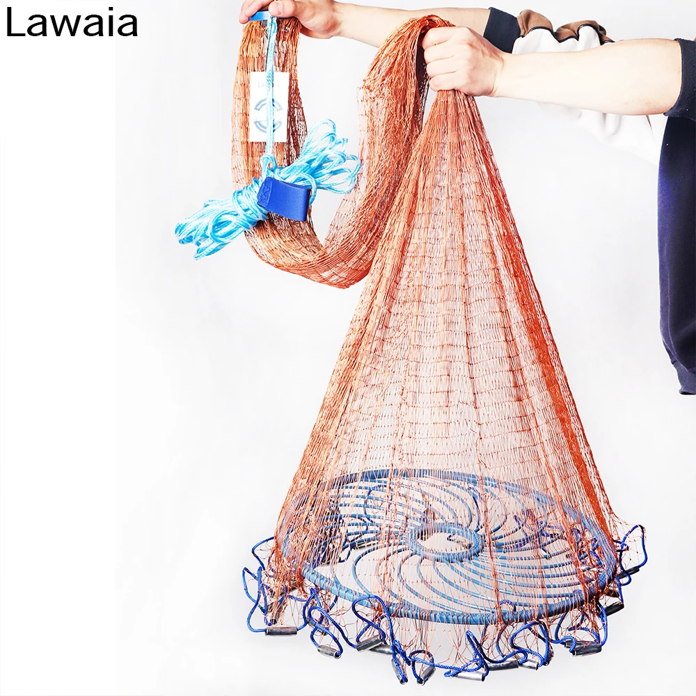 Tanie Lawaia sieci rybackie ręcznie rzut odlewania sieci z latający dysk średnicy 240 300 360 420 480 540 600 660 720CM ma obciążniki