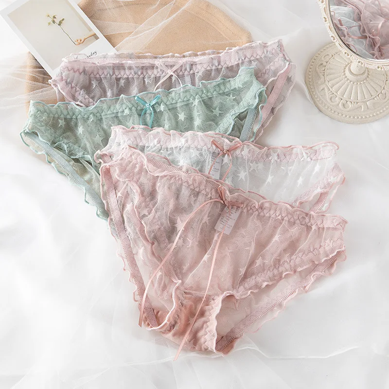 Women Sexy Lace Lingerie Temptation Low-waist Panties Star Pattern Underpants Female Transparent Hollow Out Briefs Underwear | Женская