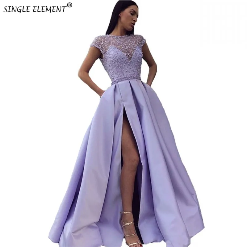 

SINGLE ELEMENT Sparkly Split Cap Sleeve Pearls Beaded Women Prom Dresses