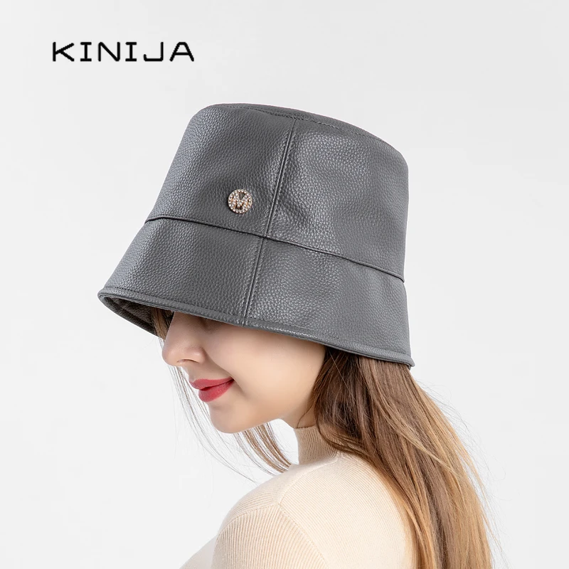 

Autumn Winter hat Faux Leather Bucket Hat women man PU&COTTON Solid Top Fashion Panama fisherman Cap fashion Street accessories
