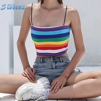 

SIDDONS Summer Women Striped Tank Cropped Tops Girls Camisole Sleeveless Sling With Spaghetti Straps Backless Cropped Tube Tops